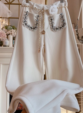 小香风加绒休闲裤长裤女装2024年冬季新款重工镶钻高腰显瘦直筒裤