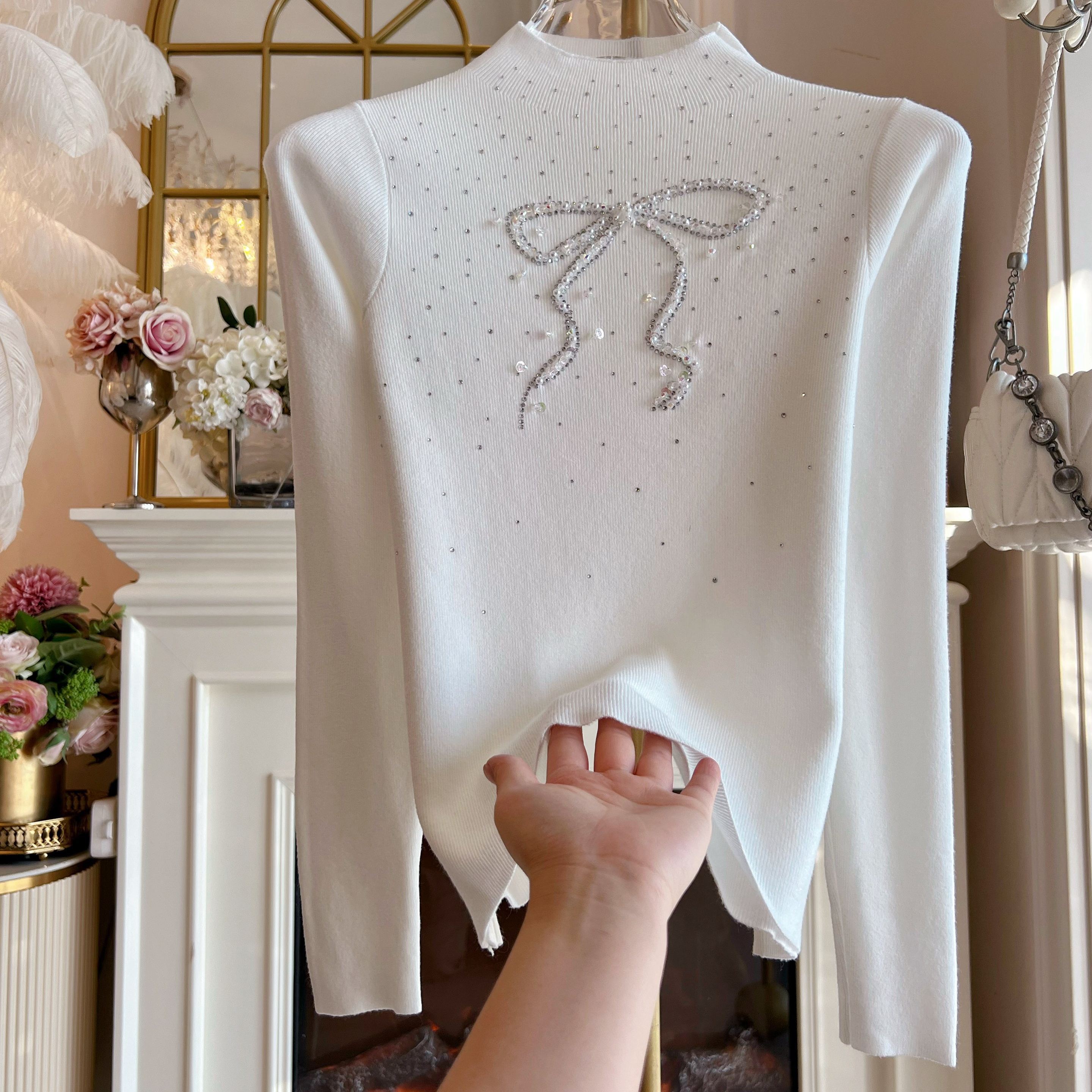 白色高领打底衫毛衣内搭女装2025年秋冬新款蝴蝶结烫钻弹力针织衫