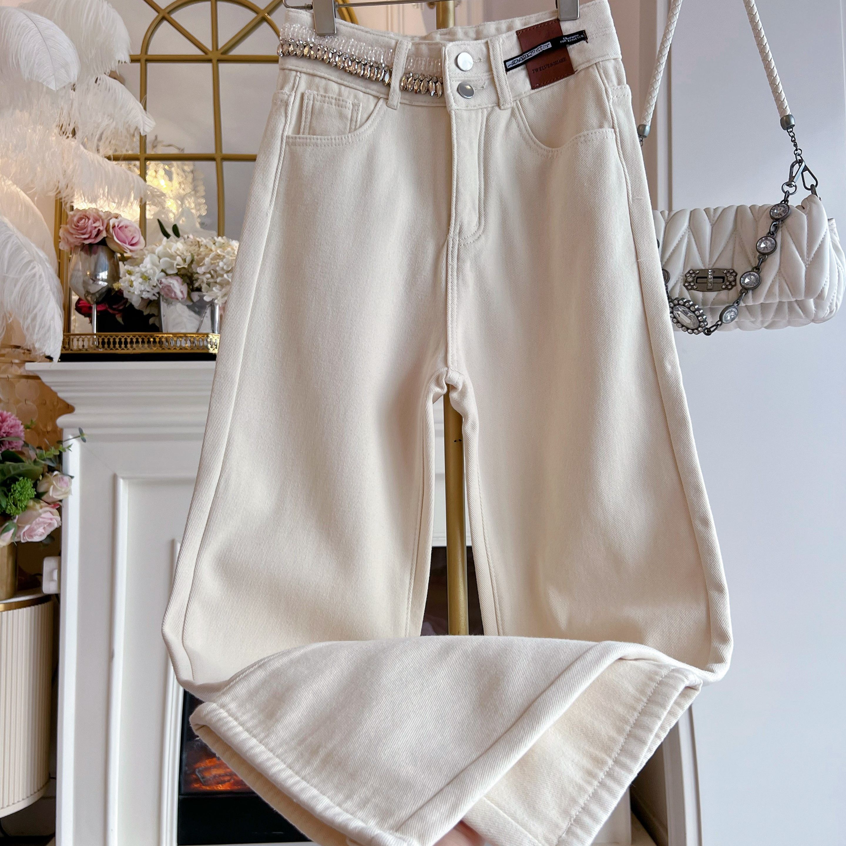 加绒加厚小个子牛仔裤女装2025年冬季新款重工镶钻气质白搭直筒裤