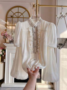 法式宫廷风雪纺衫衬衫女装2026年春季重工镶钻灯笼袖宽松显瘦衬衣