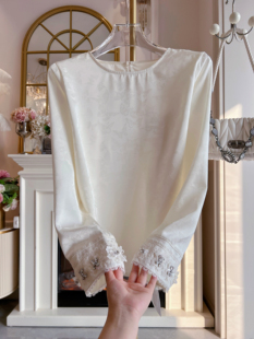 新中式国风圆领提花长袖衬衫女2026年春季新款重工钉珠刺绣T恤女