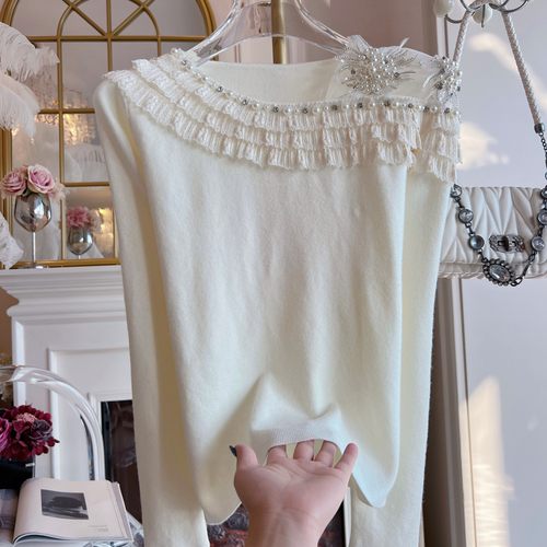 2025年秋冬重工镶钻网纱拼接一字肩针织衫女修身显瘦打底衫上衣女