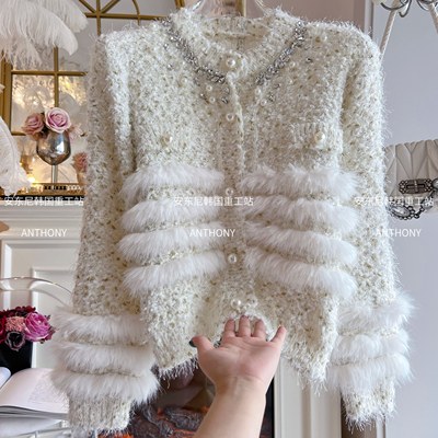 2025年秋冬新款重工镶钻毛毛拼接针织开衫女宽松显瘦毛衣外套上衣