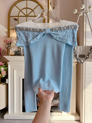 名媛风气质百搭针织衫女装2026年春季新款重工镶钻翻领甜美t恤衫