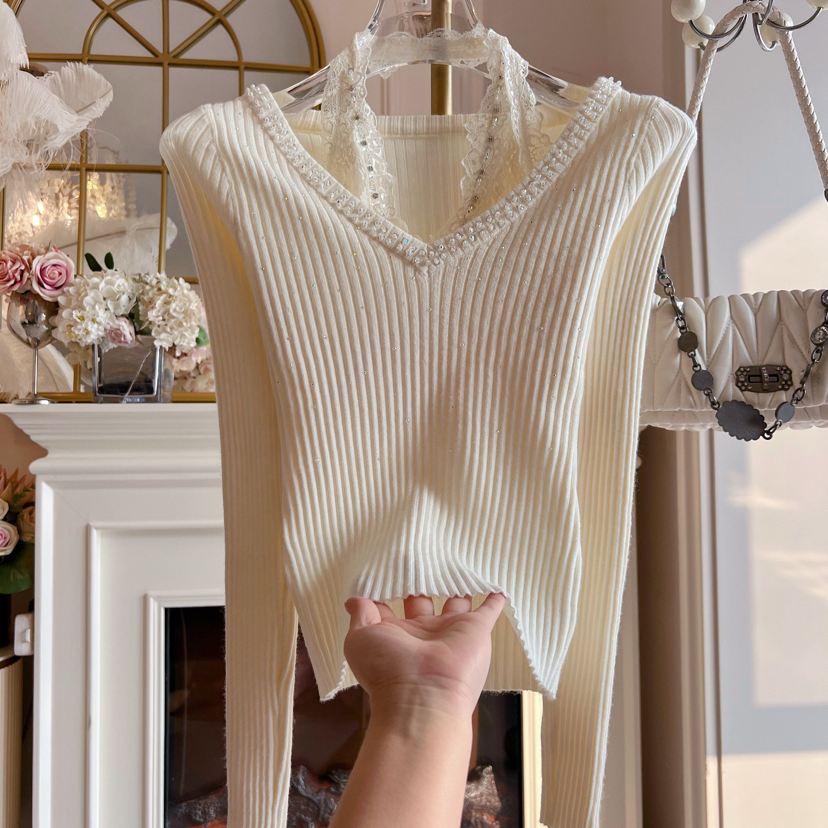 纯欲风蕾丝边挂脖亮片针织衫女装设计感假两件修身显瘦长袖毛衣潮