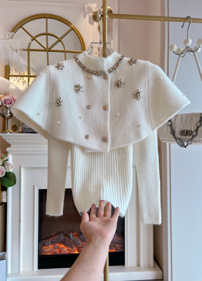 小香风修身毛衣两件套女2025年秋冬重工镶钻斗篷弹力针织衫打底衫