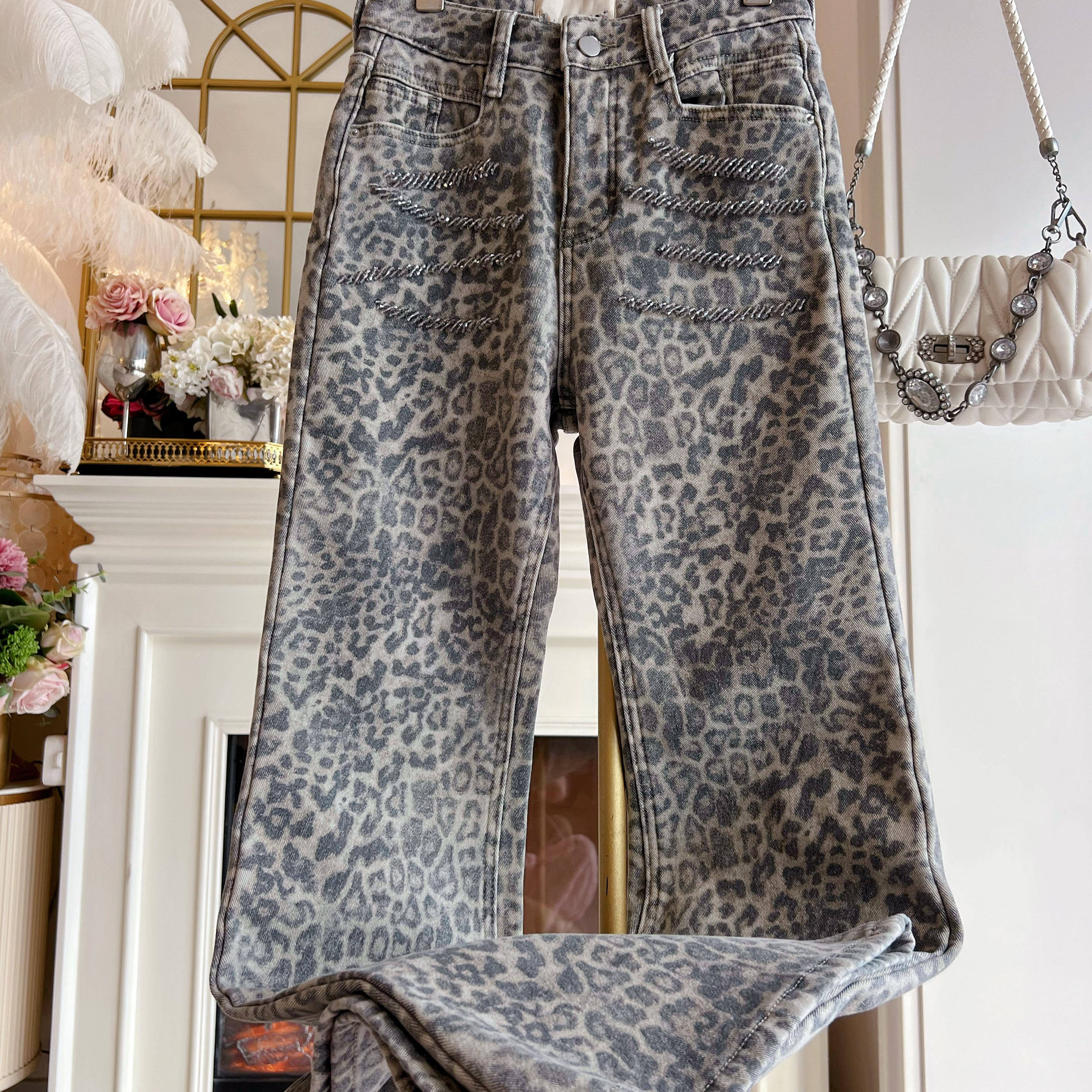 韩国设计感重工串珠豹纹加绒牛仔裤女冬港味风复古高腰显瘦喇叭裤