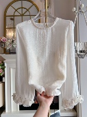 t恤小衫 2026年重工镶钻荷叶边白月光打底衫 上衣宽松套头雪纺衫 女