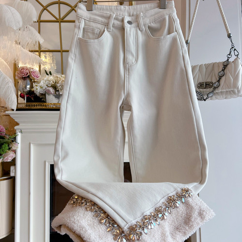 2025年冬季拼接羊羔绒镶钻小个子加绒加厚弯刀裤高腰显瘦牛仔仔女