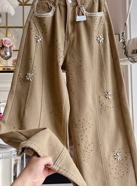 加绒加厚老爹裤女2025年冬季港味重工镶钻烫钻高腰显瘦复古牛仔裤