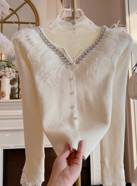 台湾货2024年冬季新款重工镶钻拼接羽毛修身显瘦毛衣打底衫针织女