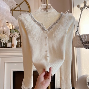 显瘦毛衣打底衫 重工镶钻拼接羽毛修身 针织女 新款 台湾货2026年春季