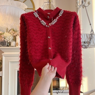 复古红羊绒流苏毛衣外套女装2024年冬季性感挂脖重工镶钻针织开衫