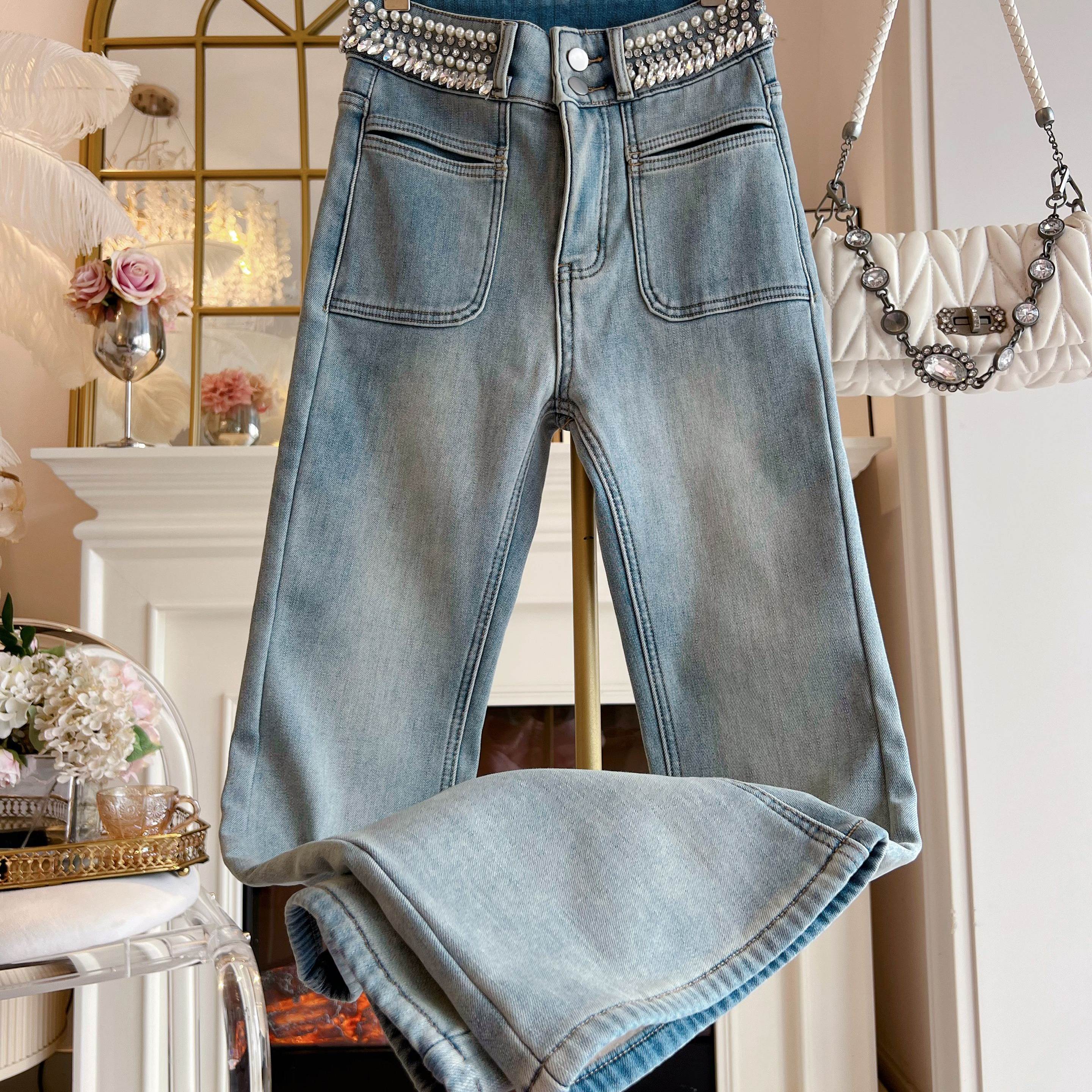 浅色加绒喇叭裤女2025年冬季双扣高腰显瘦修身小个子微喇牛仔裤女