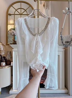 辣妹荷叶边碎花雪纺衫上衣女装白色重工镶钻系带宽松喇叭袖衬衣