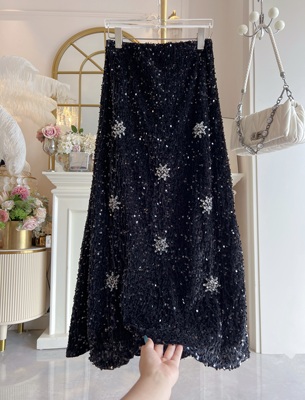 小香风重工亮片鱼尾半身裙女2025秋冬高腰显瘦A字裙中长款包臀裙