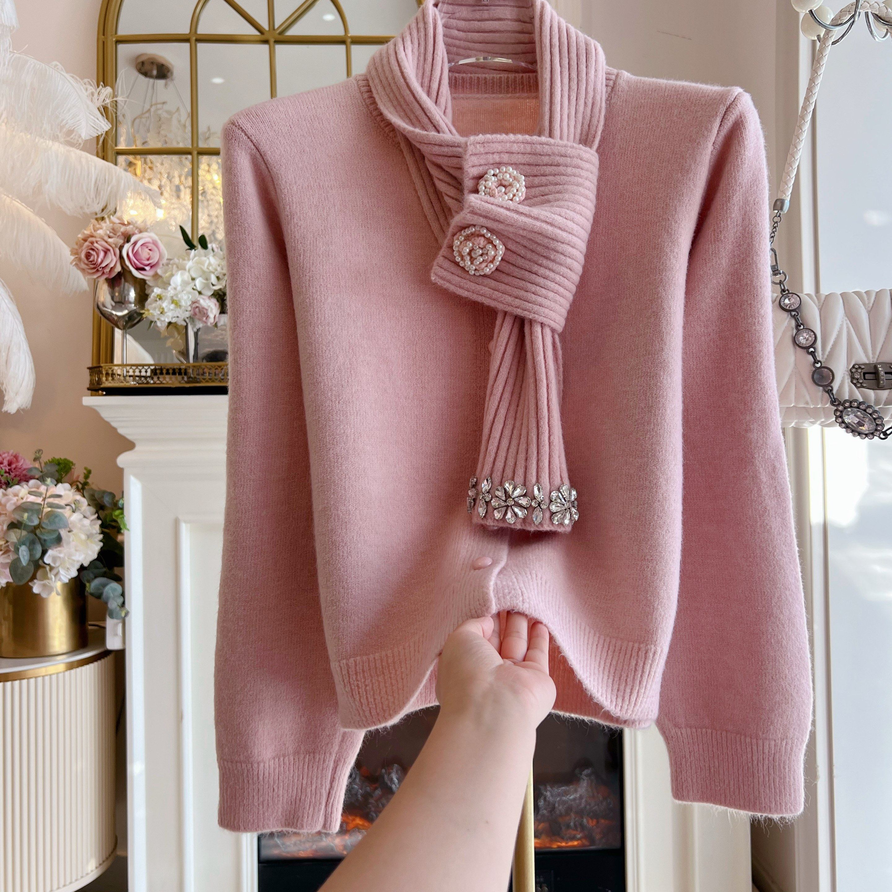 2025年韩国设计感重工镶钻围脖毛衣外套宽松单排扣百搭针织衫冬女