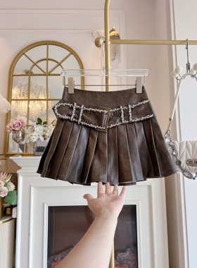2025年秋冬原创重工镶钻百褶裙女高腰显瘦A字半身裙皮裙短裙女装