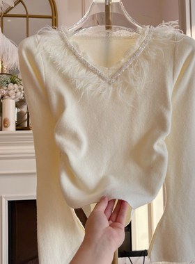 温柔风气质毛衣打底衫上衣拼接蕾丝羽毛串珠修身显瘦喇叭袖针织衫