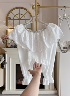 大翻领设计感宽松蕾丝衫女装2025年秋季新款重工镶钻甜美白色小衫