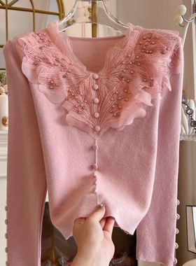 2024年冬季新款重工镶钻蕾丝荷叶边针织衫套头毛衣别致独特上衣女