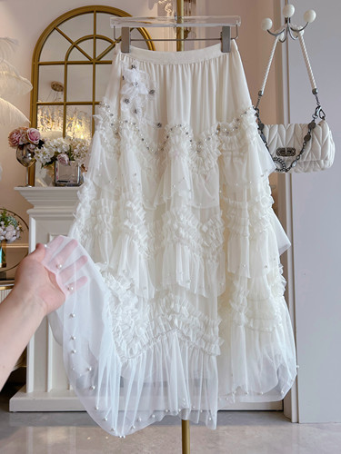 超仙甜美蓬蓬裙半身裙女装2026年春季新款重工镶钻中长款a字纱裙