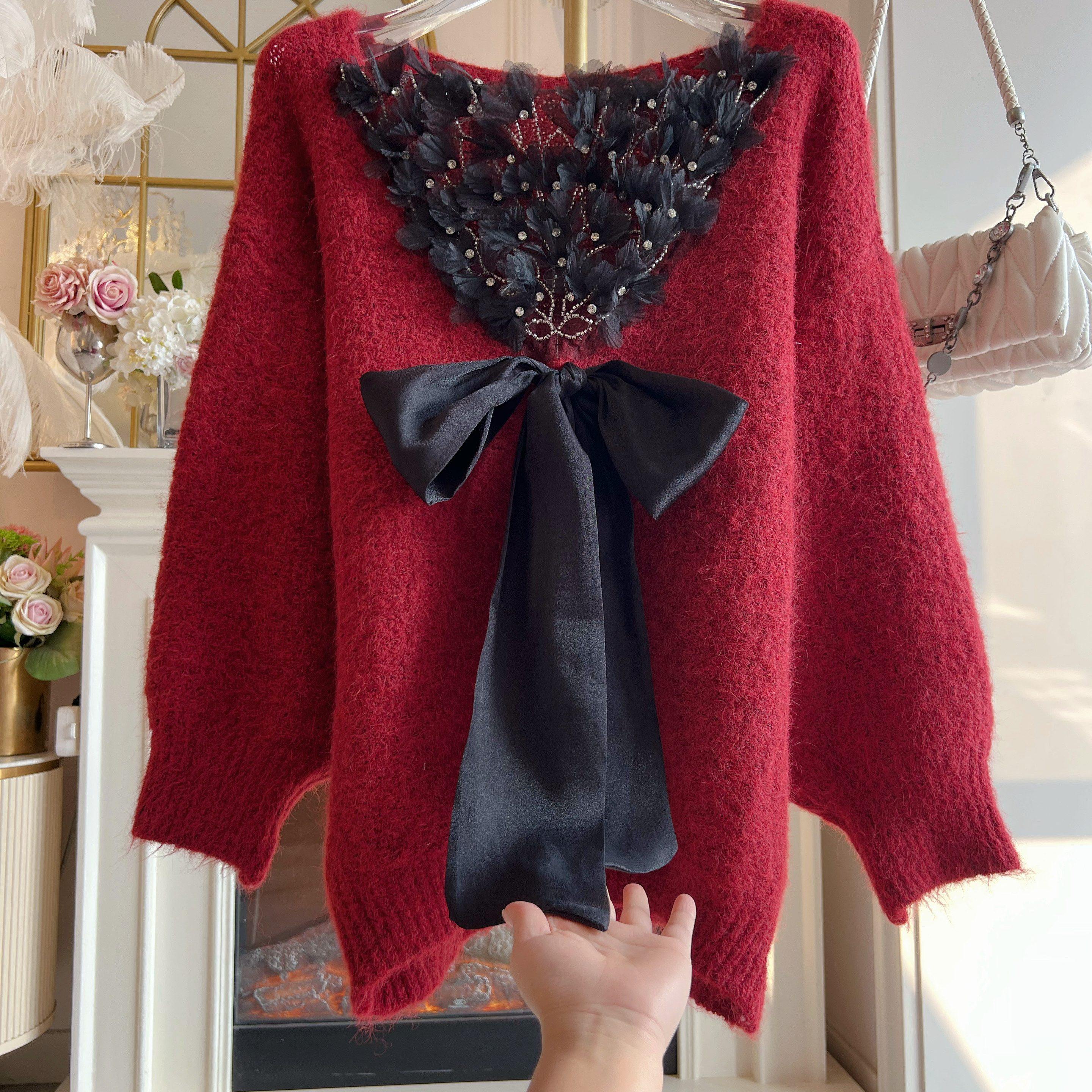 2025冬季新款宽松套头百搭慵懒风后背重工镶钻蝴蝶结加厚毛衣女装