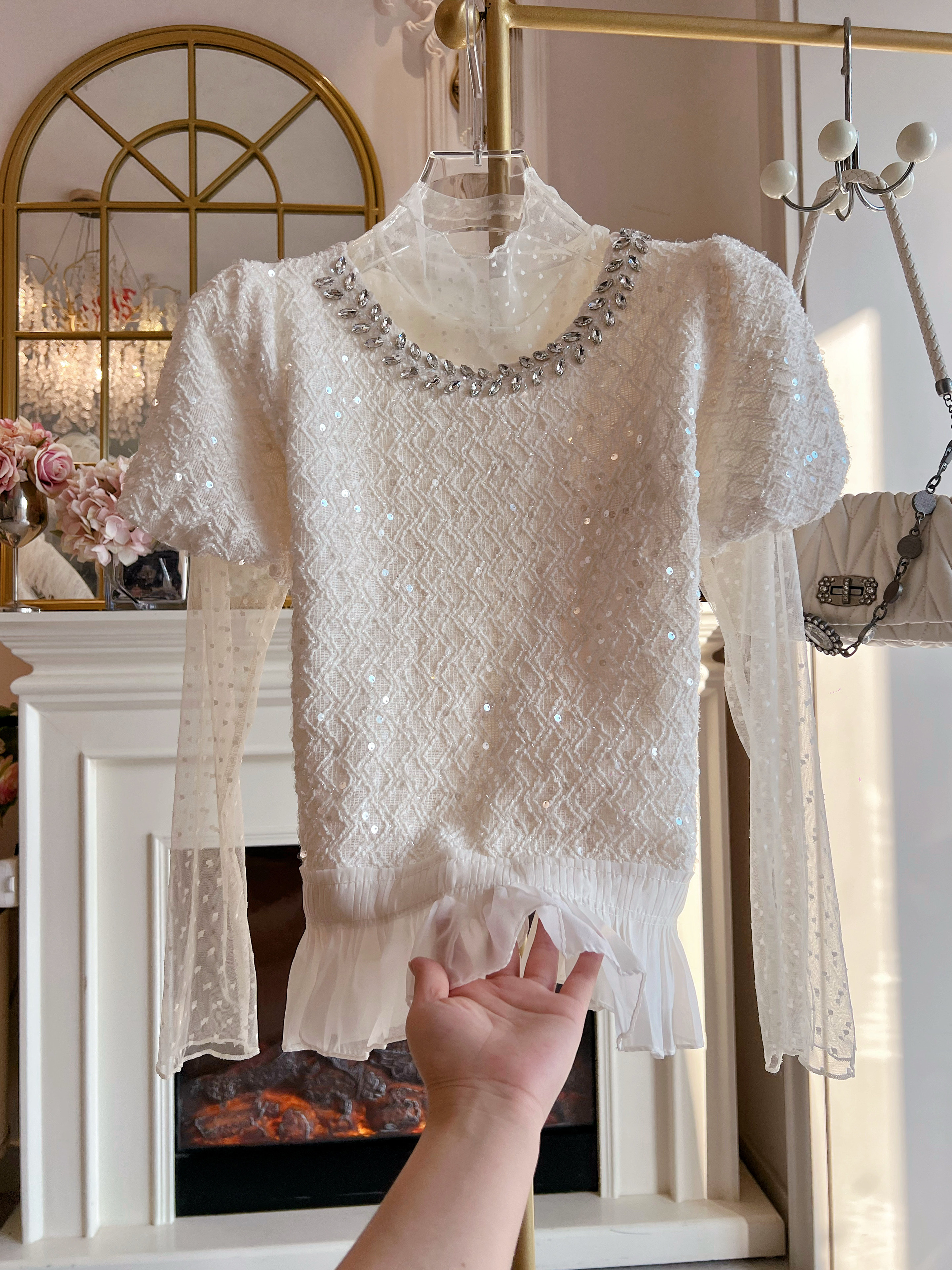 2026年春季法式小众泡泡袖甜美亮片宽松雪纺衫波点打底衫套装女装,女装/女士精品,蕾丝衫/雪纺衫,淘宝优惠券,粉丝福利购,淘宝优惠卷