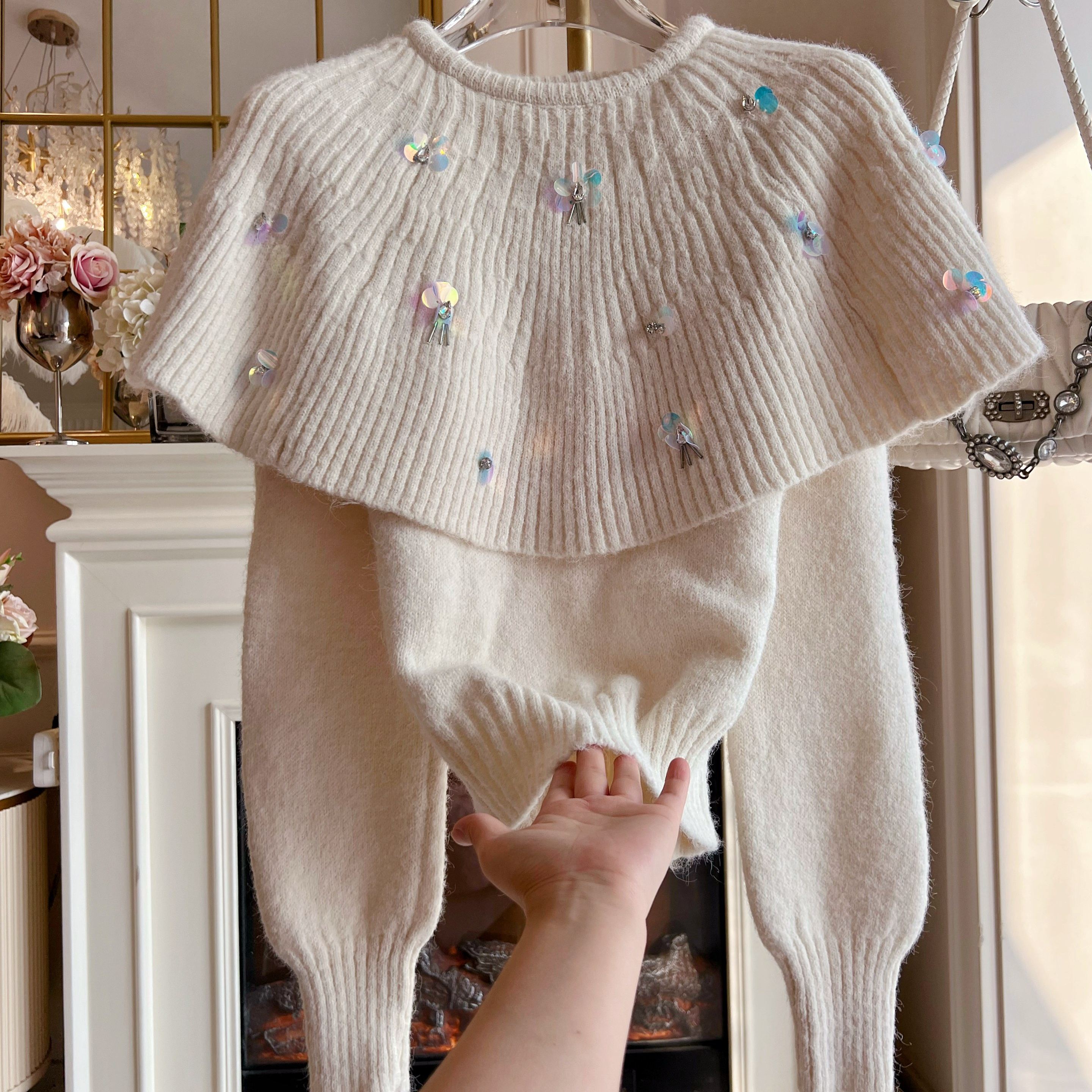 千金小姐马海毛毛衣女重工镶钻亮片斗篷假两件宽松加厚长袖针织衫