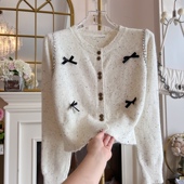 复古针织开衫 女2024年设计感重工镶钻时尚 宽松蝴蝶结宽松百搭毛衣