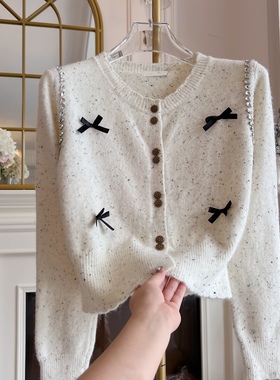 复古针织开衫女2024年设计感重工镶钻时尚宽松蝴蝶结宽松百搭毛衣