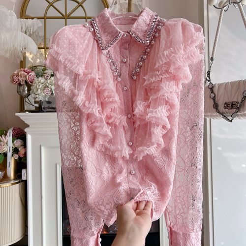韩国设计感重工镶钻荷叶边蕾丝衫女装宽松单排扣长袖镂空翻领衬衣