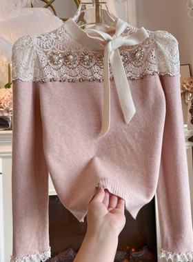 台湾货2024年冬季时尚镂空蕾丝气质针织衫蝴蝶结加厚羊绒毛衣女装