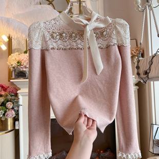 蝴蝶结加厚羊绒毛衣女装 镂空蕾丝气质针织衫 时尚 台湾货2024年冬季