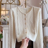 麻花温柔风针织开衫 女装 2024年韩国设计感重工镶钻宽松单排扣毛衣