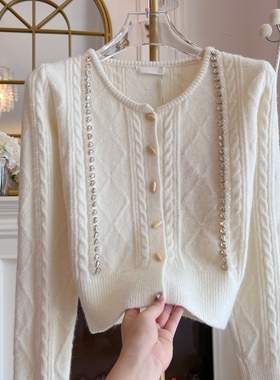 麻花温柔风针织开衫女装2024年韩国设计感重工镶钻宽松单排扣毛衣
