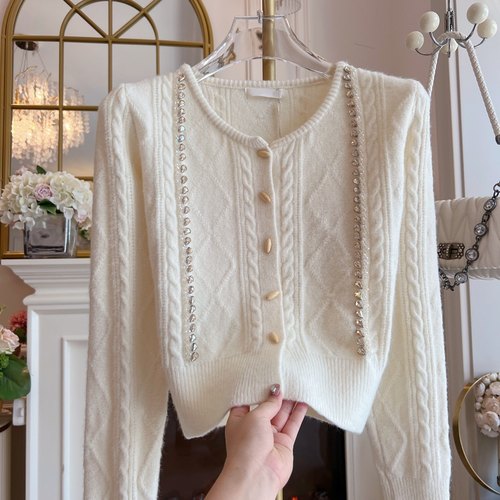 麻花温柔风针织开衫女装2024年韩国设计感重工镶钻宽松单排扣毛衣