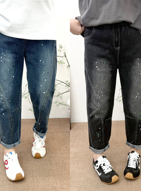 2026春季新品大码胖mm女裤减龄泼墨点牛仔裤弹力显瘦松紧腰直筒裤