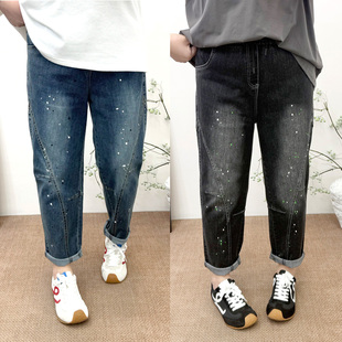 新品 弹力显瘦松紧腰直筒裤 大码 减龄泼墨点牛仔裤 胖mm女裤 2026春季