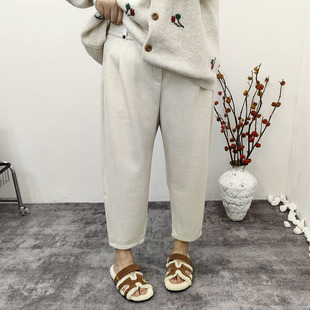 高腰九分裤 2024冬季 胖mm宽松遮肉加厚加绒羊毛呢休闲裤 大码 女 新款