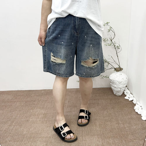 大码女裤显瘦薄款破洞牛仔中裤