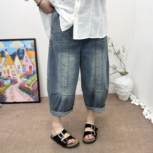 夏季大码显瘦弯刀牛仔裤九分女