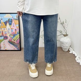 女裤 大码 宽松显瘦弹力直筒裤 胖mm百搭牛仔裤 子 2026春季 长裤 新款