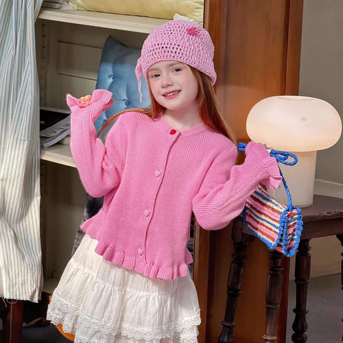 女童针织衫2026春秋新款韩版儿童花边毛衣开衫宝宝甜美软糯上衣