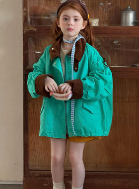 拼色休闲外套春季新款韩系童装女童外套撞色亮色休闲洋气翻领夹克