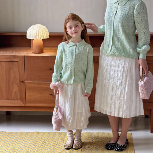 女童针织开衫2026春秋新款儿童方领外套亲子装宝宝软糯毛线上衣