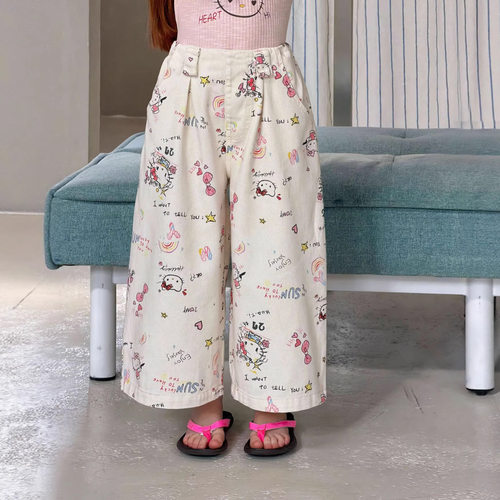 女童棉布春夏新款卡通九分阔腿裤