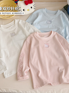 女童2026年春季卡通简约T恤高克重双纱针织镂空