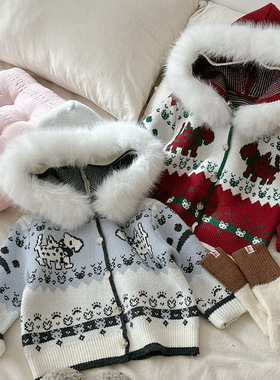 费尔岛女童毛衣开衫外套加厚冬2025新款儿童红色连帽针织衫毛线衣