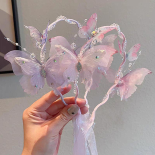 新款儿童超仙蝴蝶花朵编发发箍女童古风飘带头饰小女孩不伤发头箍